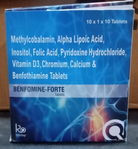 Methylcobalamin 1500 mcg + Alpha Lipoic Acid 100 mg + Inositol 100 mg + Folic Acid 1.5 mg + Pyridoxine HCl 3 mg + Vitamin D3 1000 IU + Chromium Polynicotinate 200 mcg + Calcium Carbonate 500 mg + Benfothiamine 150 mg Tablet