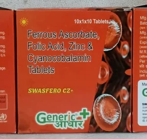 Ferrous Ascorbate eq. to elemental Iron 100 mg + Folic Acid 1.5 mg + Cyanocobalamin 15 mcg + Zinc Sulphate Monohydrate 22.5 mg Tabs (SWASFERO CZ +) - GA